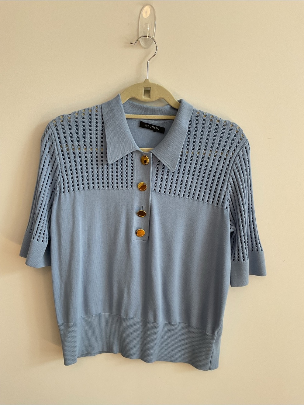 St. John Powder Blue Short Sleeve Knit Polo with Gold Buttons
